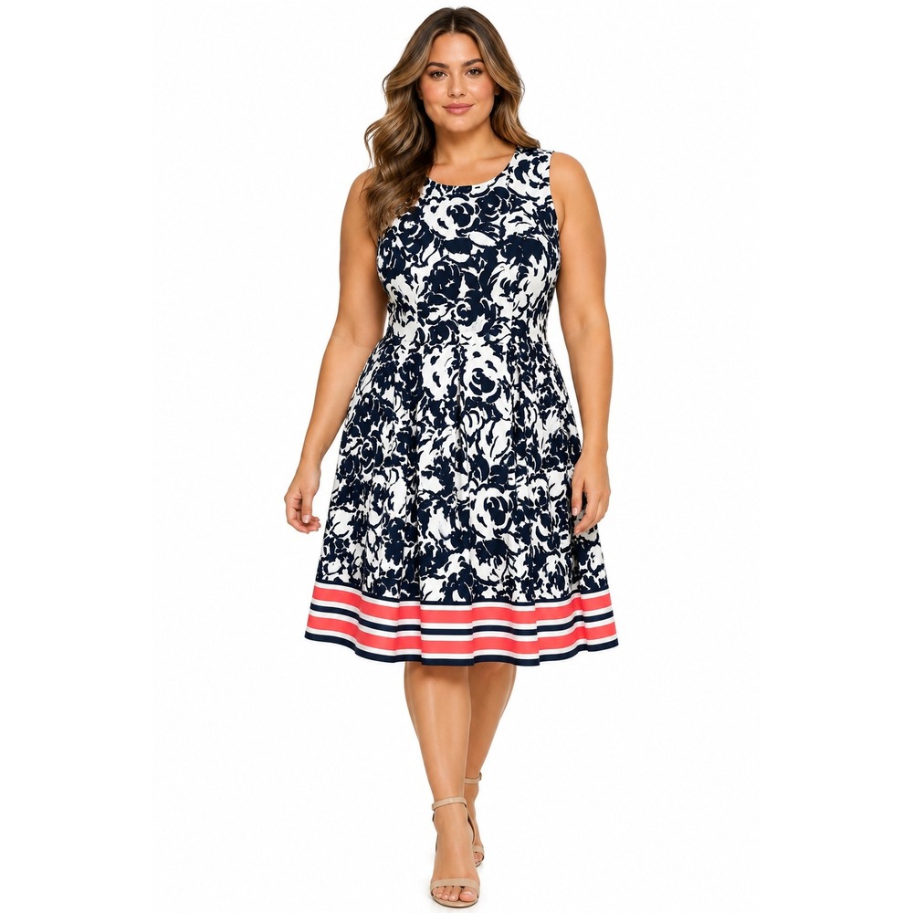 Liz Claiborne Floral Fit and Flare Dress Women 14 Navy White New Rose Print